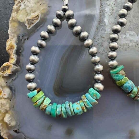 Sterling 4mm Navajo Pearl Southwester Style & 6mm Turquoise Bead Hoop Earrings - Picture 6 of 10